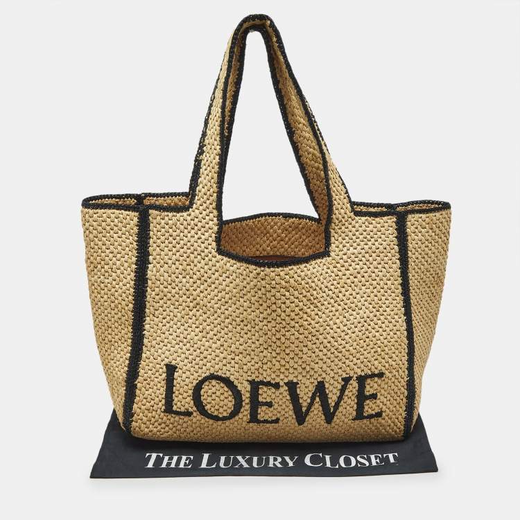Pre Owned Loewe Beige/Black Woven Raffia Large Font Tote