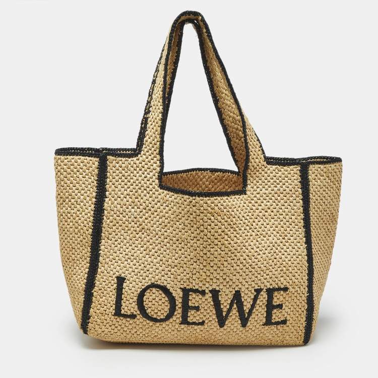 Pre Owned Loewe Beige/Black Woven Raffia Large Font Tote