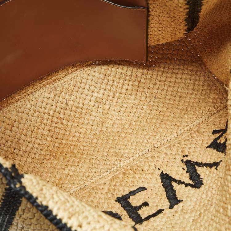 Pre Owned Loewe Beige/Black Woven Raffia Large Font Tote