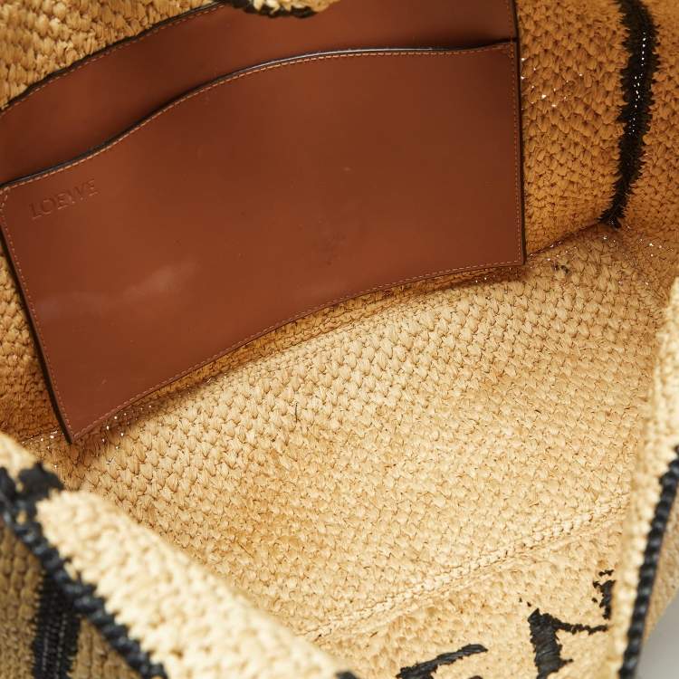 Pre Owned Loewe Beige/Black Woven Raffia Large Font Tote