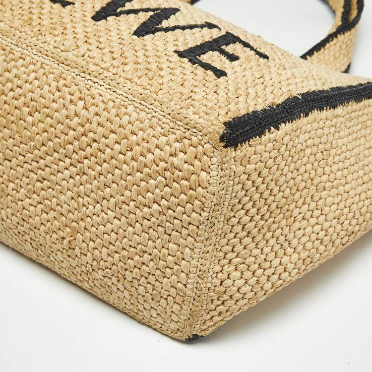 Pre Owned Loewe Beige/Black Woven Raffia Large Font Tote
