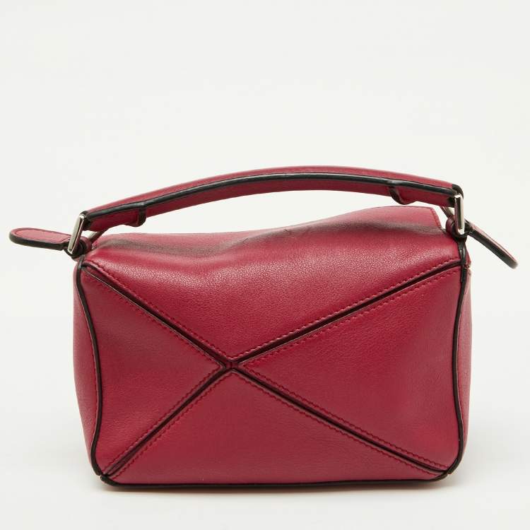 Pre Owned Loewe Crimson Red Leather Mini Puzzle Shoulder Bag