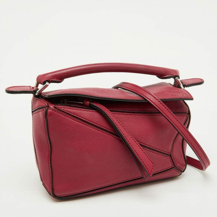 Pre Owned Loewe Crimson Red Leather Mini Puzzle Shoulder Bag