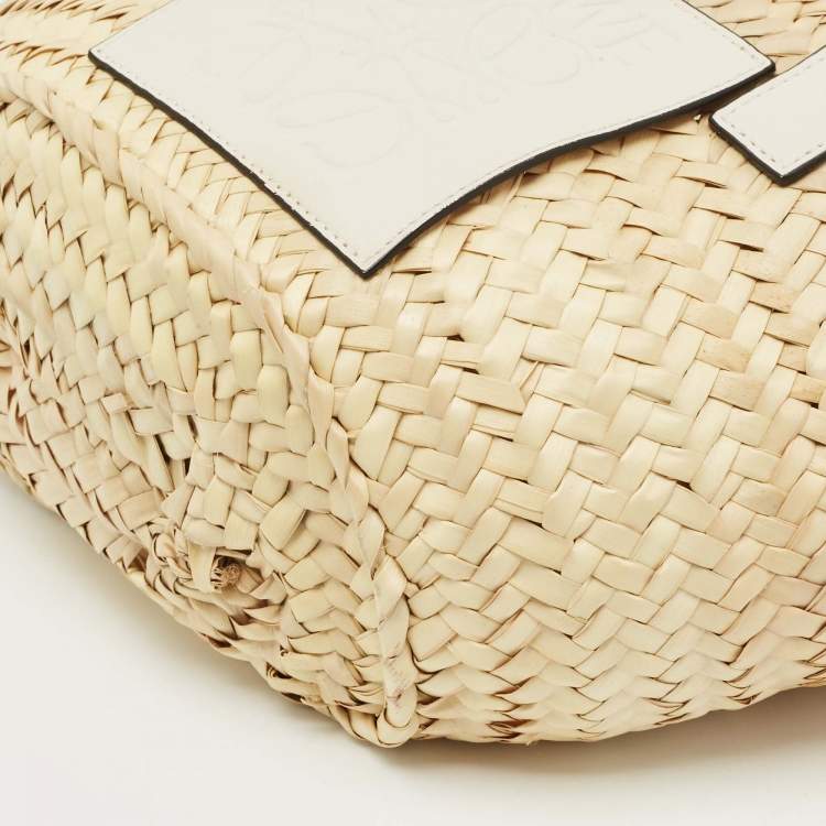 Pre Owned Loewe White/Cream Raffia and Leather Small Basket Tote