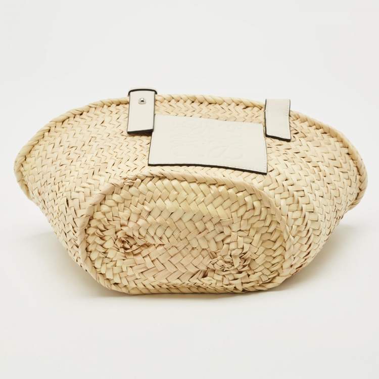 Pre Owned Loewe White/Cream Raffia and Leather Small Basket Tote