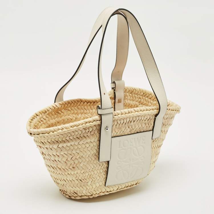 Pre Owned Loewe White/Cream Raffia and Leather Small Basket Tote
