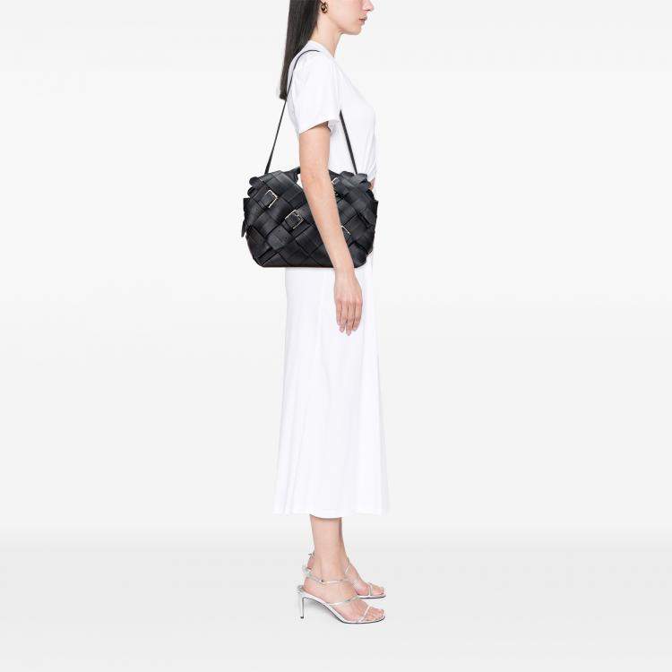 Pre Owned Loewe Black Small Woven Calfskin Buckle Surplus Basket Bag