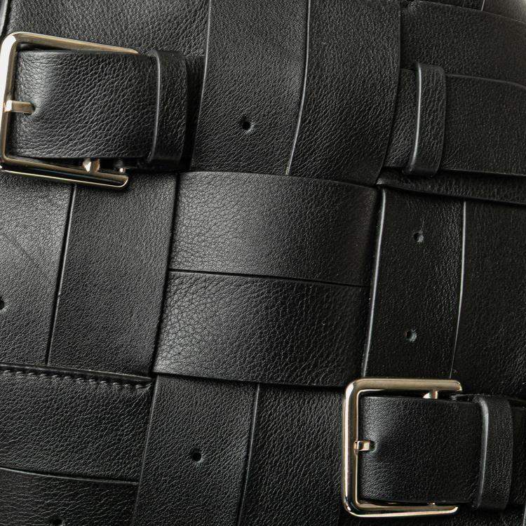 Pre Owned Loewe Black Small Woven Calfskin Buckle Surplus Basket Bag