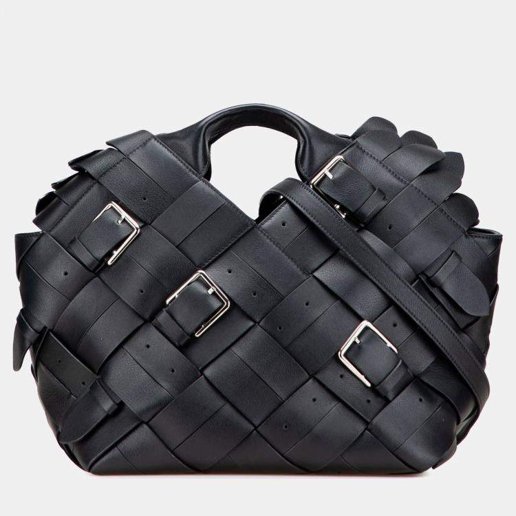 Pre Owned Loewe Black Small Woven Calfskin Buckle Surplus Basket Bag