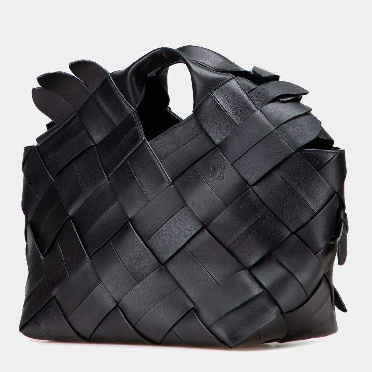 Pre Owned Loewe Black Small Woven Calfskin Buckle Surplus Basket Bag