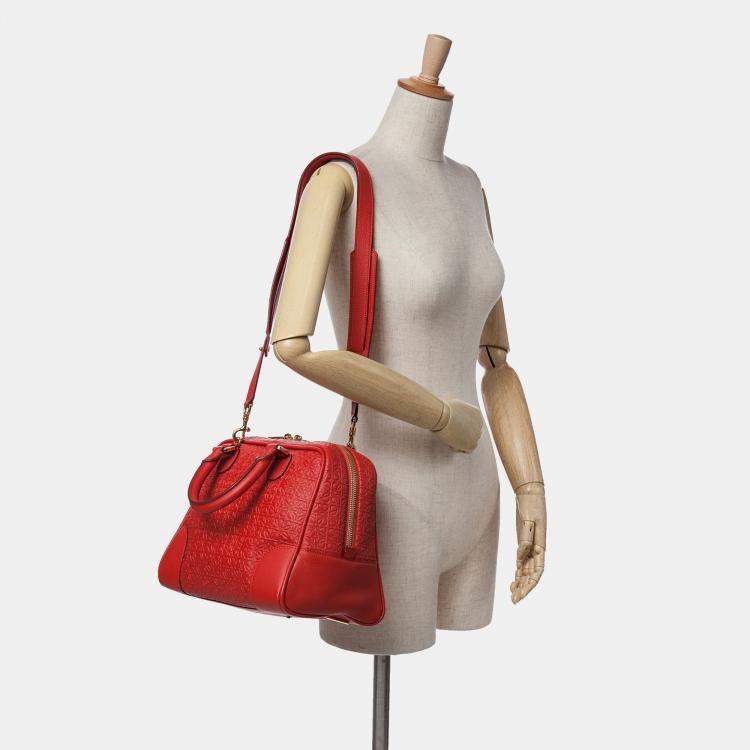 Pre Owned Loewe Red Anagram Embossed Leather Amazona 75 Bag