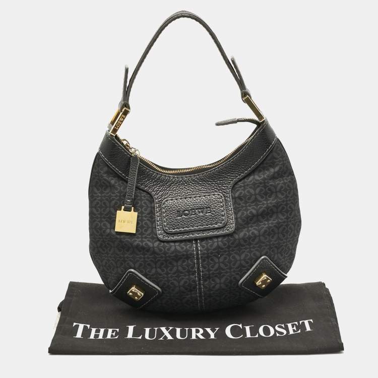 Pre Owned Loewe Black Logo Jacquard Fabric and Leather Hobo