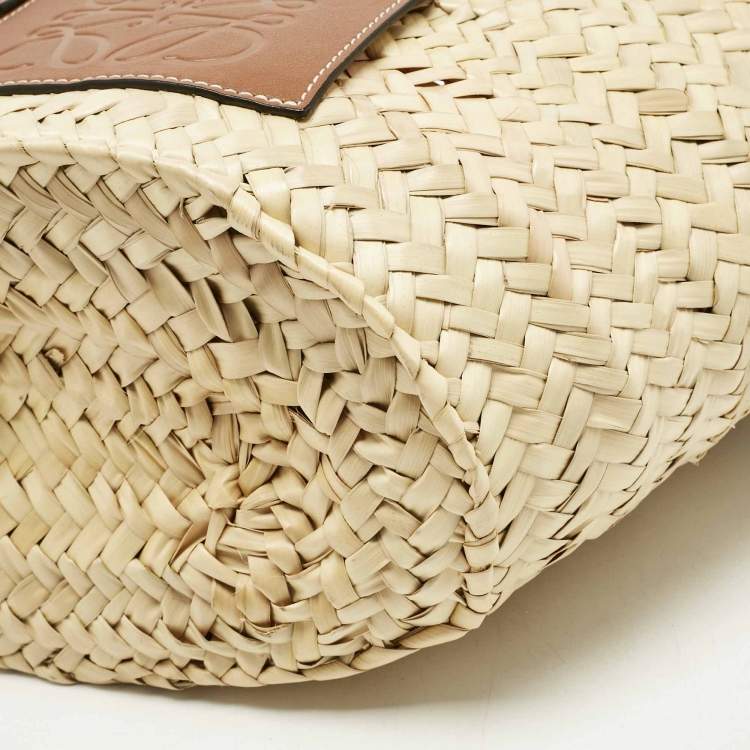 Pre Owned Loewe Brown/Cream Raffia and Leather Small Basket Tote