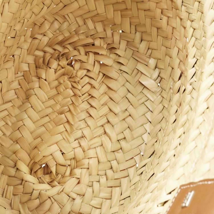 Pre Owned Loewe Brown/Cream Raffia and Leather Small Basket Tote