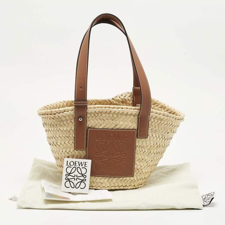 Pre Owned Loewe Brown/Cream Raffia and Leather Small Basket Tote