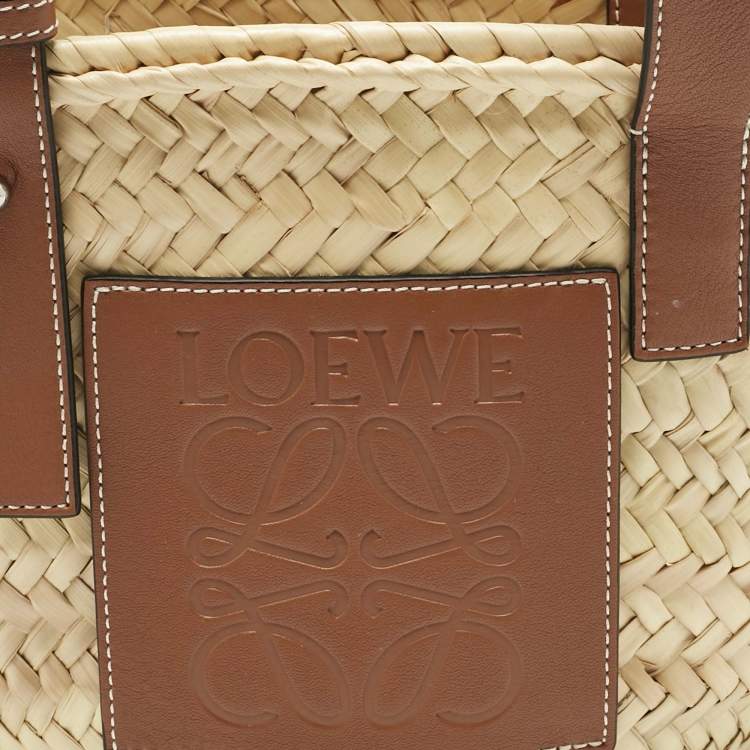 Pre Owned Loewe Brown/Cream Raffia and Leather Small Basket Tote