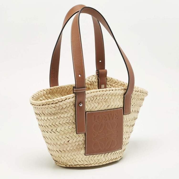 Pre Owned Loewe Brown/Cream Raffia and Leather Small Basket Tote