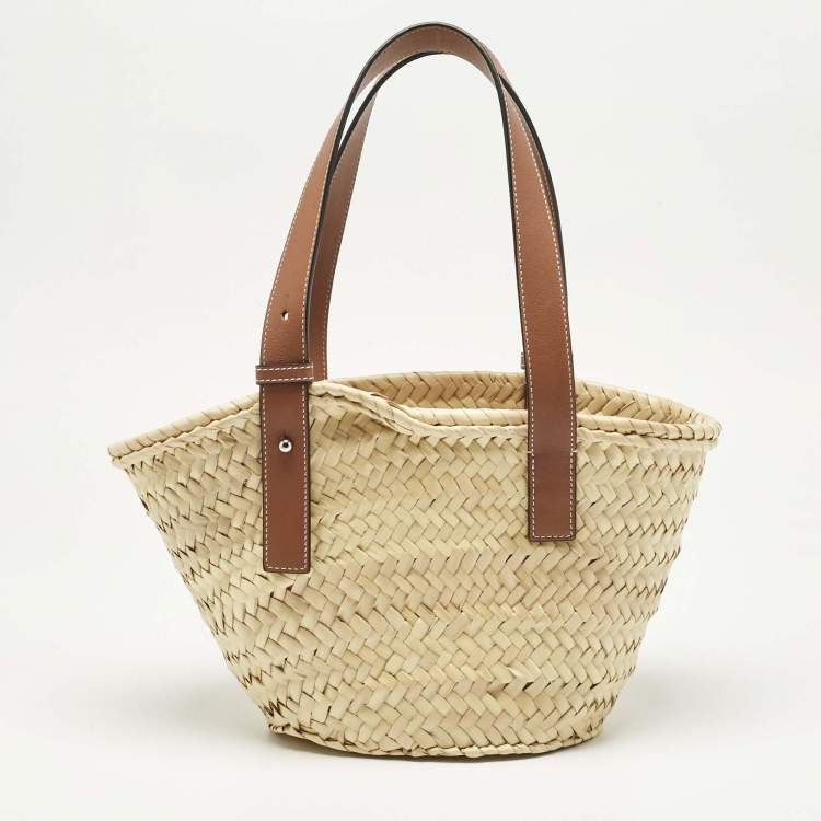 Pre Owned Loewe Brown/Cream Raffia and Leather Small Basket Tote