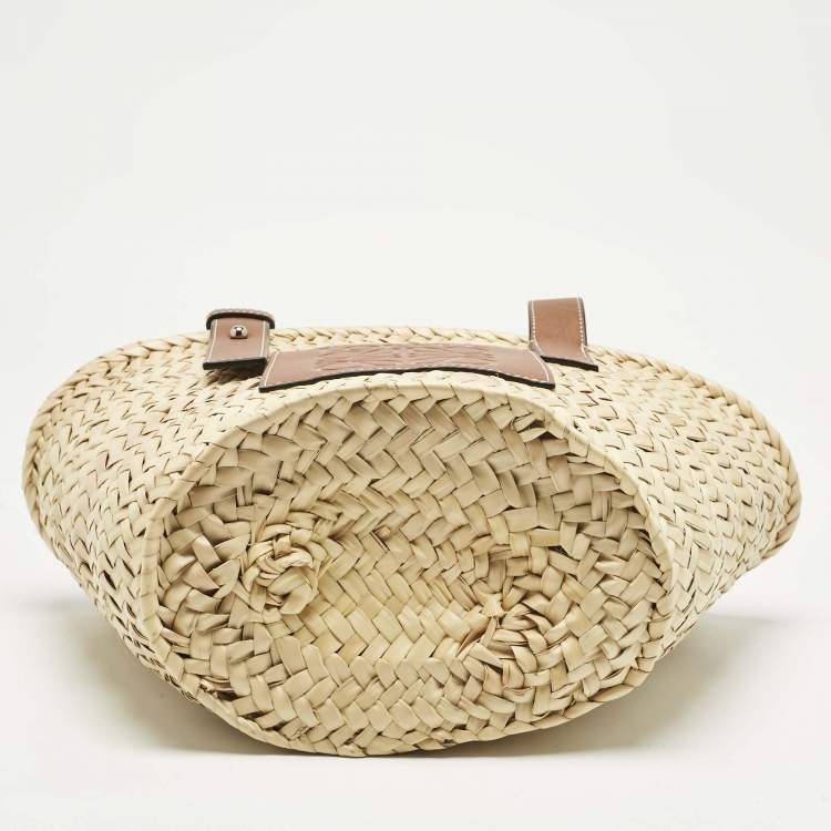 Pre Owned Loewe Brown/Cream Raffia and Leather Small Basket Tote