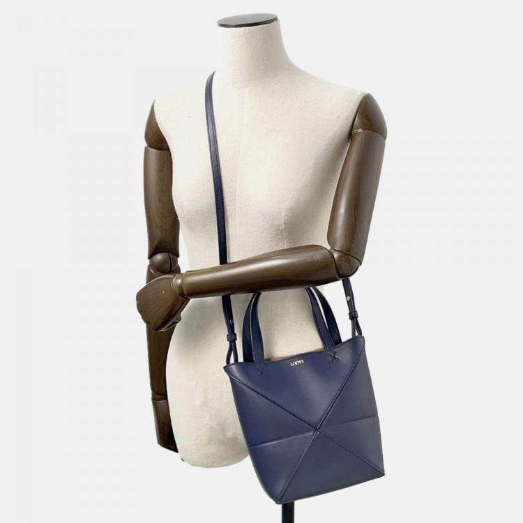 Pre Owned Loewe Puzzle Fold Mini Abyss Blue Shiny Calf Leather Tote Bag
