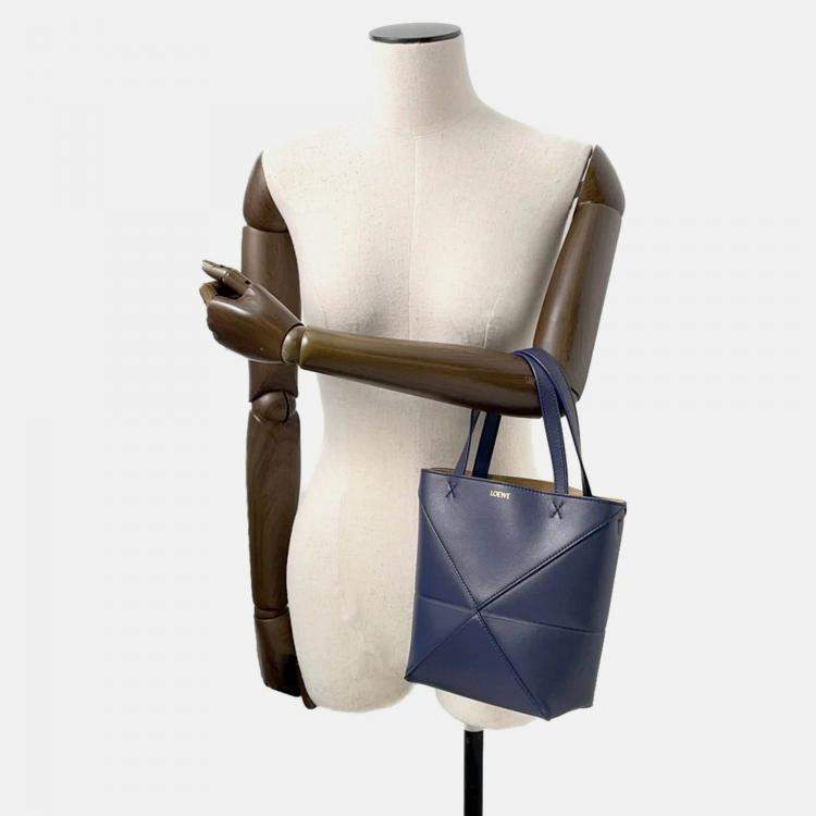 Pre Owned Loewe Puzzle Fold Mini Abyss Blue Shiny Calf Leather Tote Bag