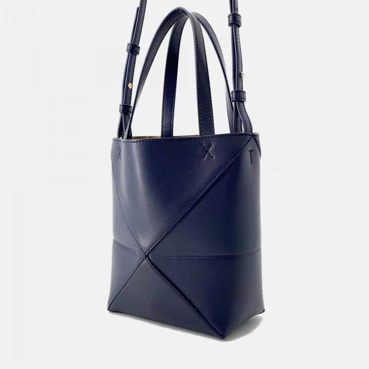 Pre Owned Loewe Puzzle Fold Mini Abyss Blue Shiny Calf Leather Tote Bag