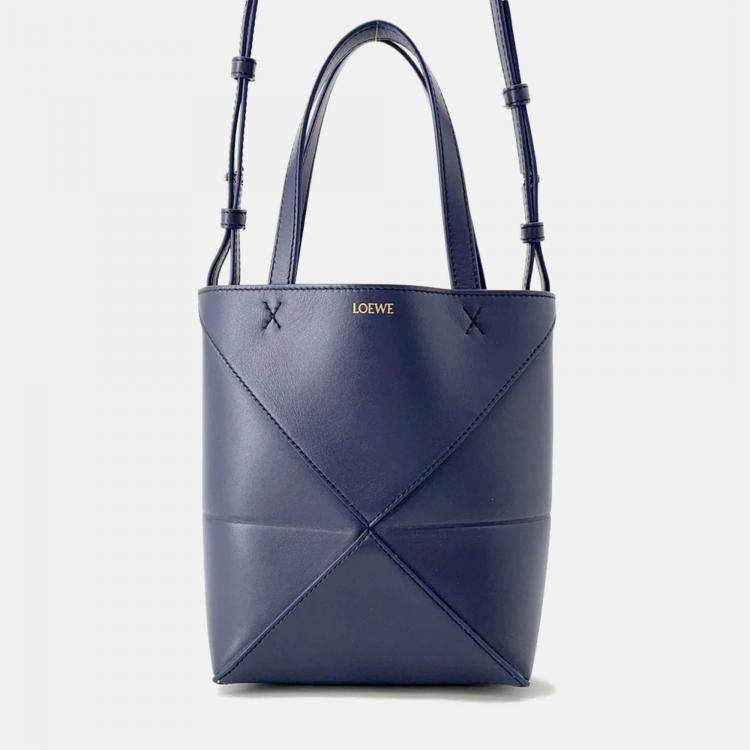 Pre Owned Loewe Puzzle Fold Mini Abyss Blue Shiny Calf Leather Tote Bag
