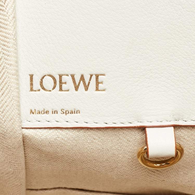 Pre Owned Loewe White/Ecru Leather and Anagram Canvas Small Hammock Bag