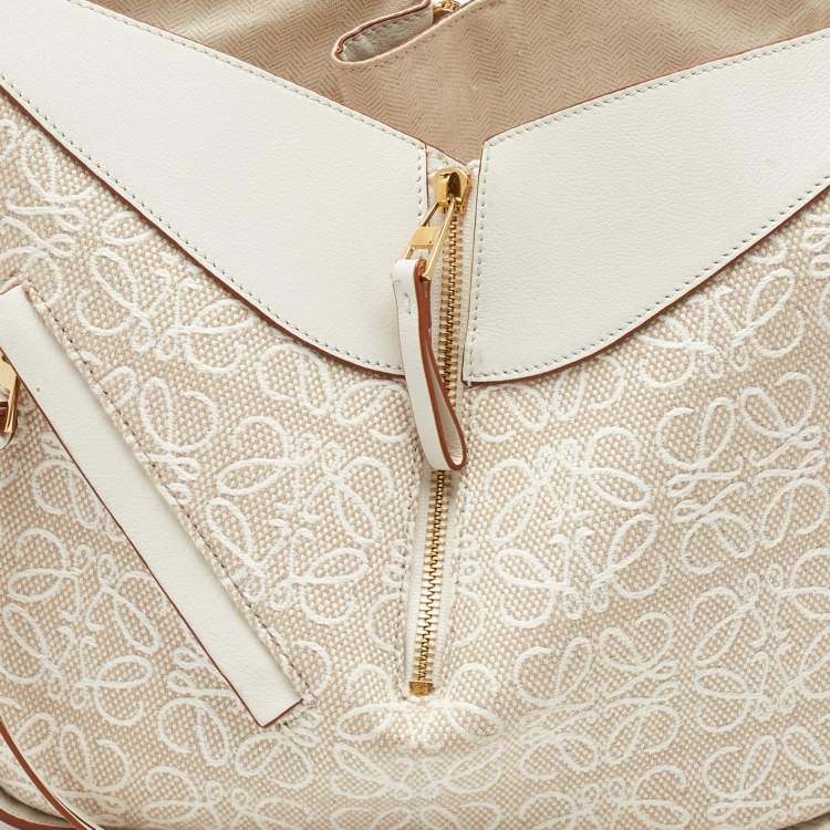 Pre Owned Loewe White/Ecru Leather and Anagram Canvas Small Hammock Bag