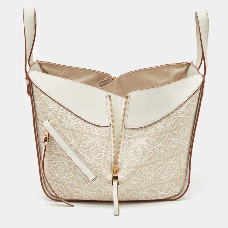 Pre Owned Loewe White/Ecru Leather and Anagram Canvas Small Hammock Bag