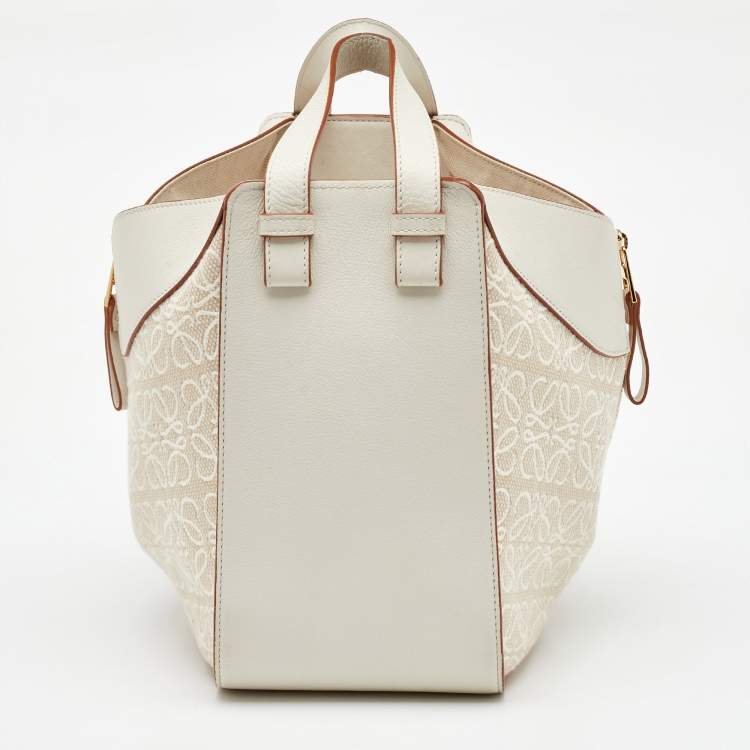 Pre Owned Loewe White/Ecru Leather and Anagram Canvas Small Hammock Bag