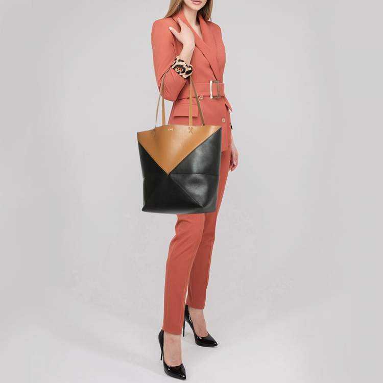 Pre Owned Loewe Black/Brown Leather Medium Puzzle Fold Tote