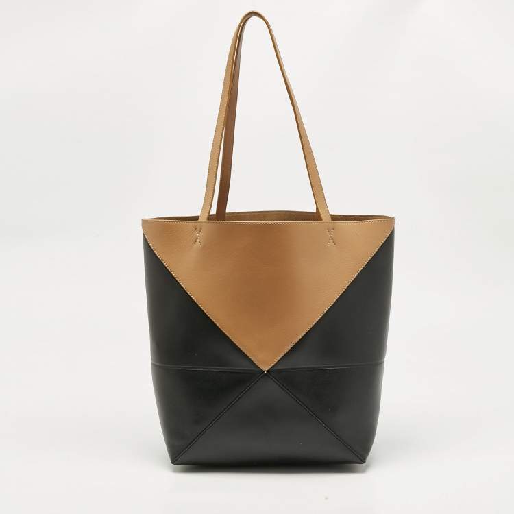 Pre Owned Loewe Black/Brown Leather Medium Puzzle Fold Tote