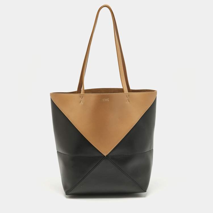 Pre Owned Loewe Black/Brown Leather Medium Puzzle Fold Tote