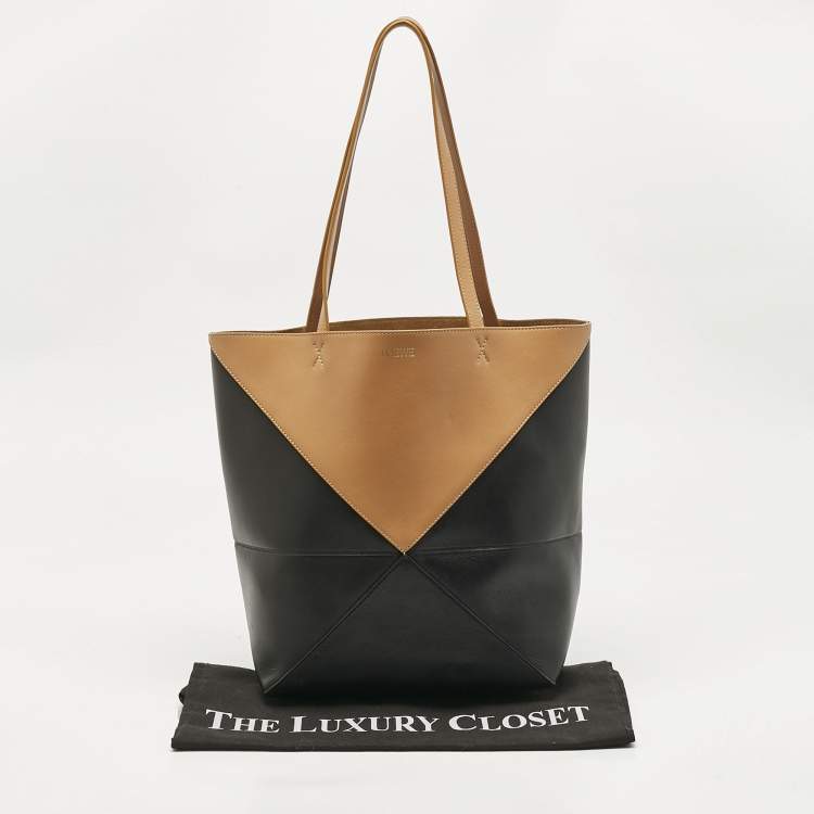 Pre Owned Loewe Black/Brown Leather Medium Puzzle Fold Tote