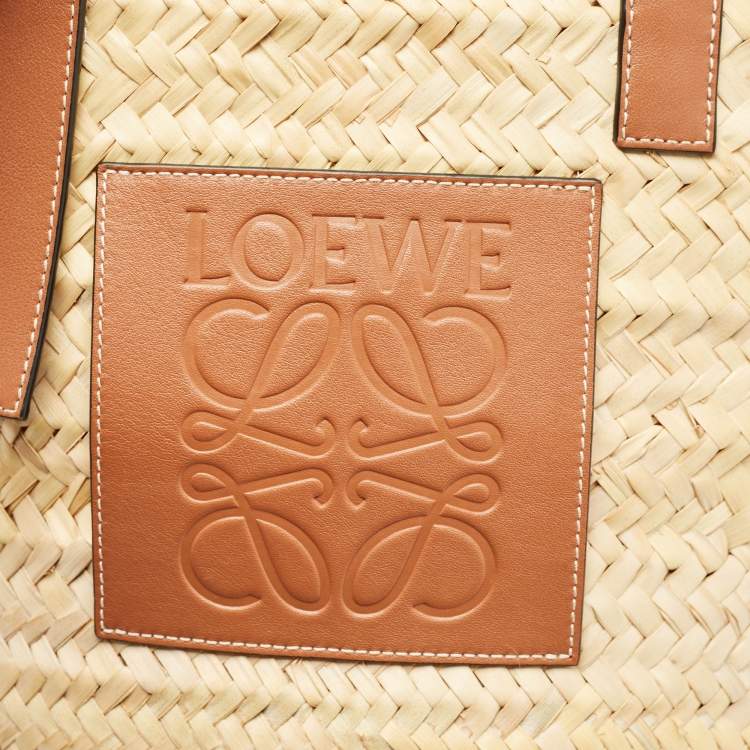Pre Owned Loewe Beige/Brown Raffia and Leather Medium Basket Tote