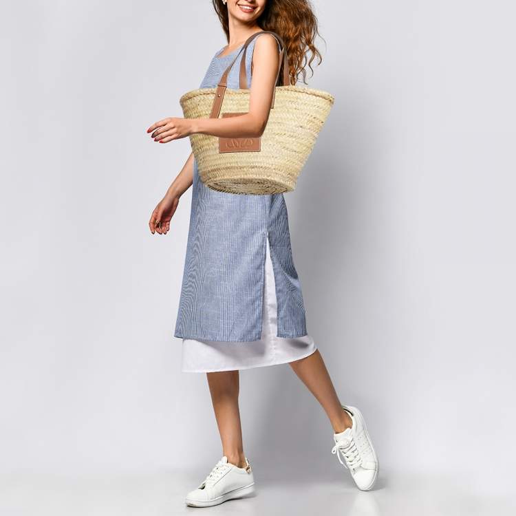 Pre Owned Loewe Beige/Brown Raffia and Leather Medium Basket Tote