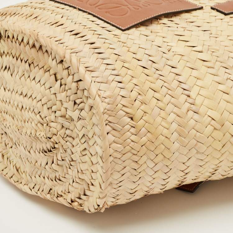 Pre Owned Loewe Beige/Brown Raffia and Leather Medium Basket Tote
