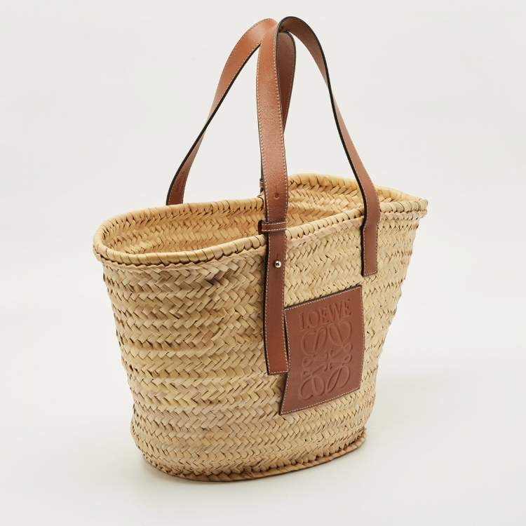 Pre Owned Loewe Beige/Brown Raffia and Leather Medium Basket Tote