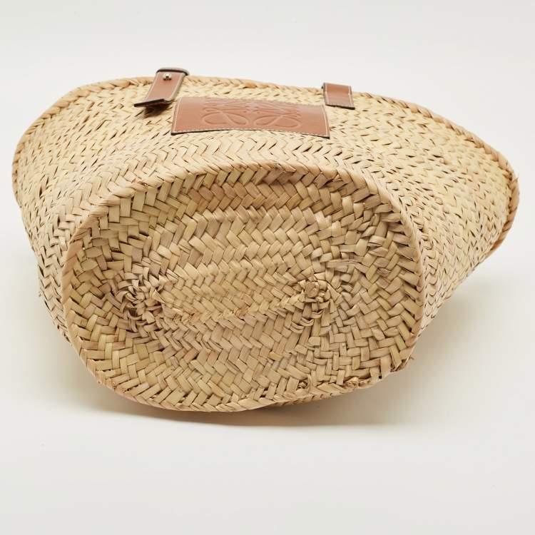 Pre Owned Loewe Beige/Brown Raffia and Leather Medium Basket Tote