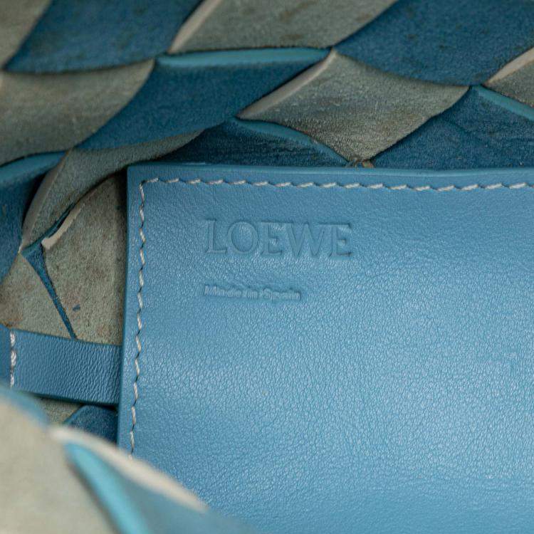 Pre Owned Loewe Blue White Mini Woven Calfskin Gingham Surplus Basket Bag