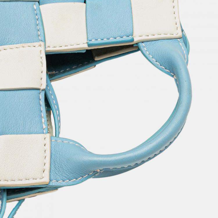 Pre Owned Loewe Blue White Mini Woven Calfskin Gingham Surplus Basket Bag