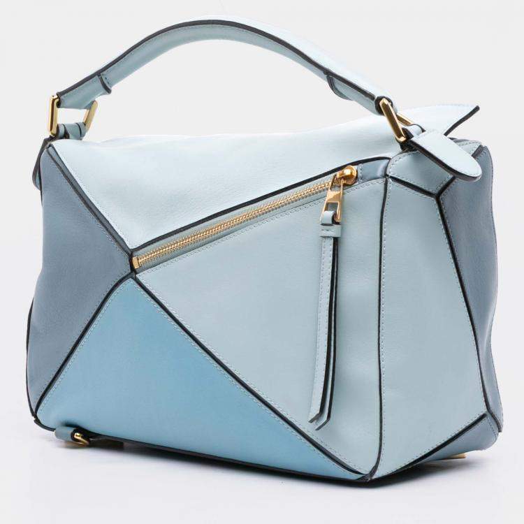 Pre Owned Loewe Blue Medium Tricolor Calfskin Puzzle Satchel