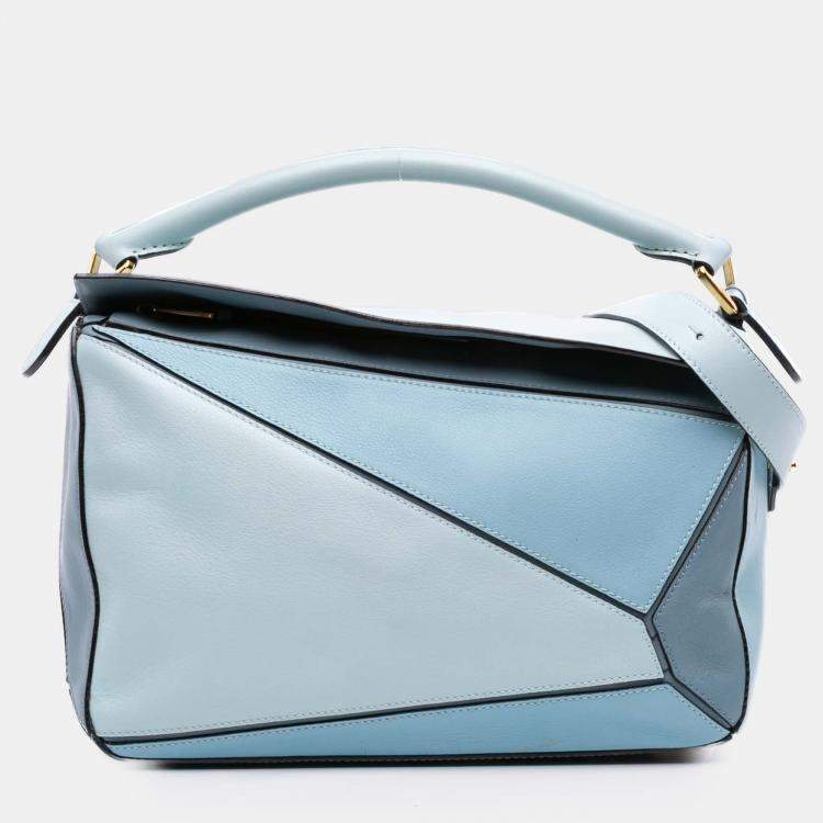 Pre Owned Loewe Blue Medium Tricolor Calfskin Puzzle Satchel