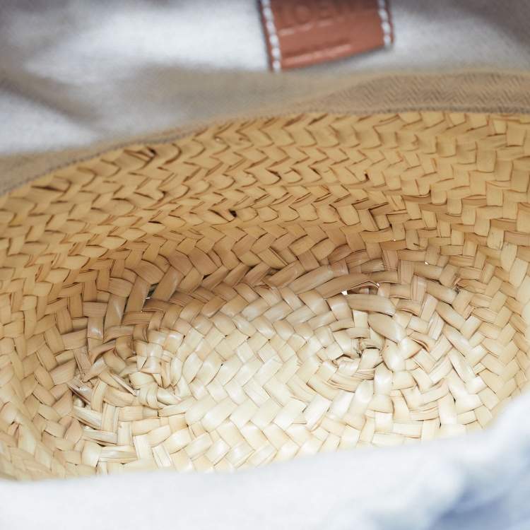 Pre Owned Loewe Brown/Cream Woven Raffia and Leather Drawstring Basket Bag