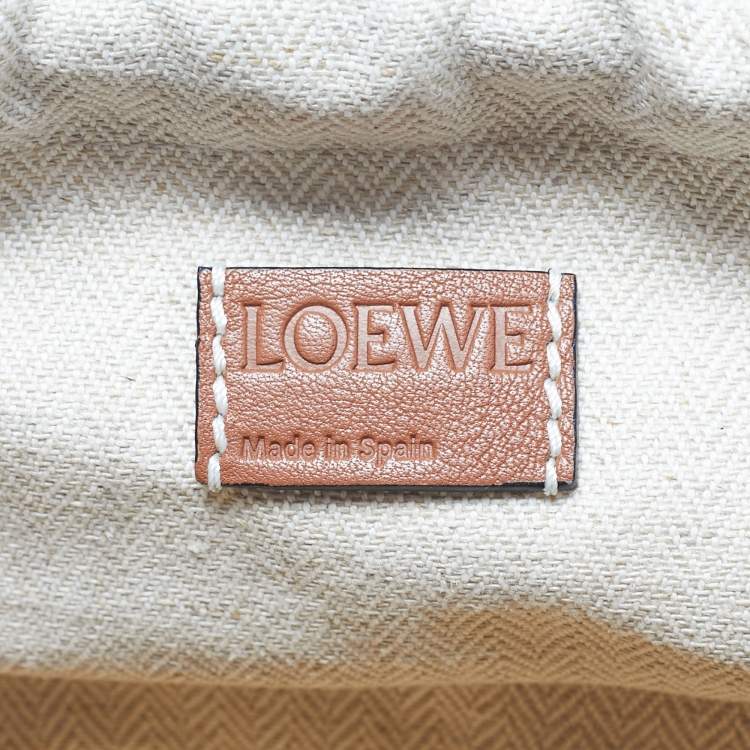 Pre Owned Loewe Brown/Cream Woven Raffia and Leather Drawstring Basket Bag