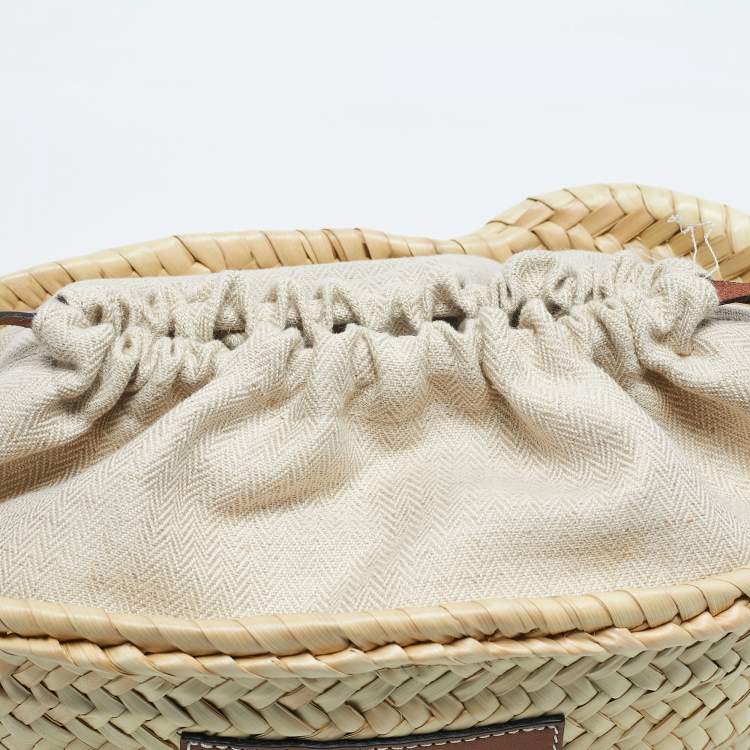 Pre Owned Loewe Brown/Cream Woven Raffia and Leather Drawstring Basket Bag