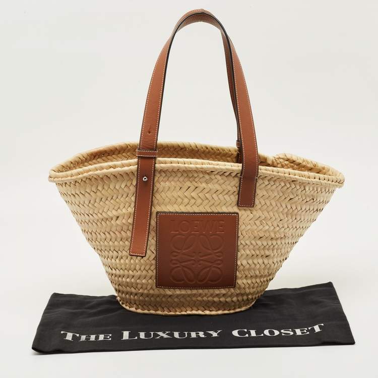 Pre Owned Loewe Beige/Brown Raffia and Leather Medium Basket Tote