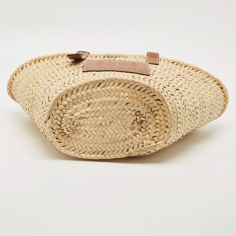 Pre Owned Loewe Beige/Brown Raffia and Leather Medium Basket Tote