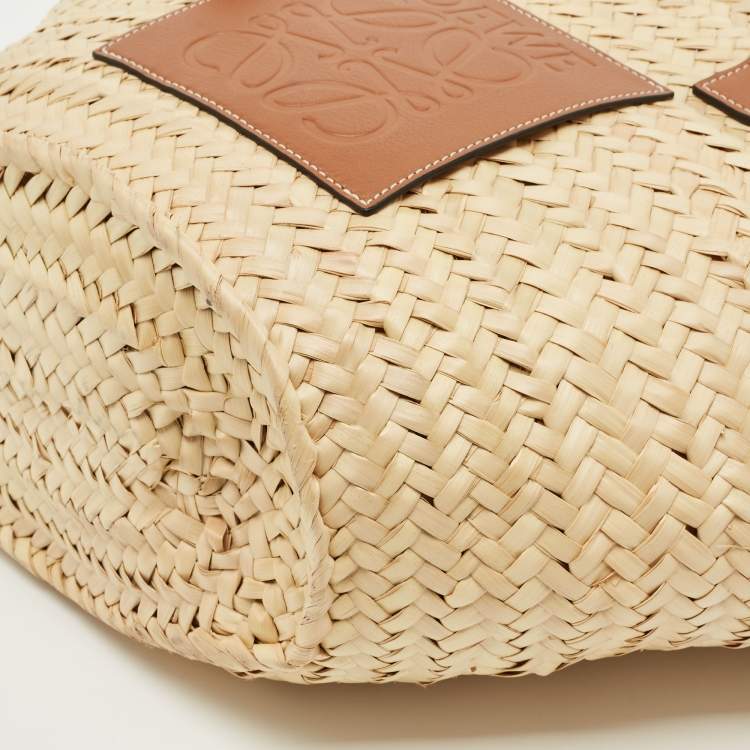 Pre Owned Loewe Beige/Brown Raffia and Leather Medium Basket Tote
